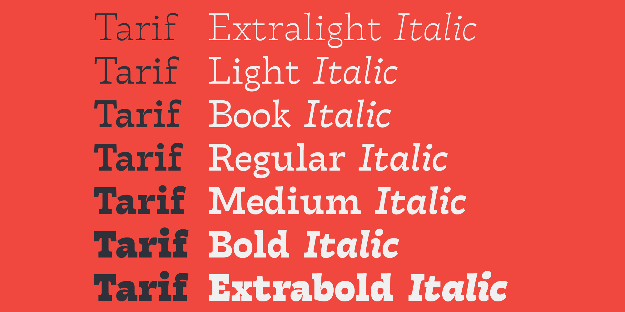 Beispiel einer Tarif Trial Extra light Italic-Schriftart