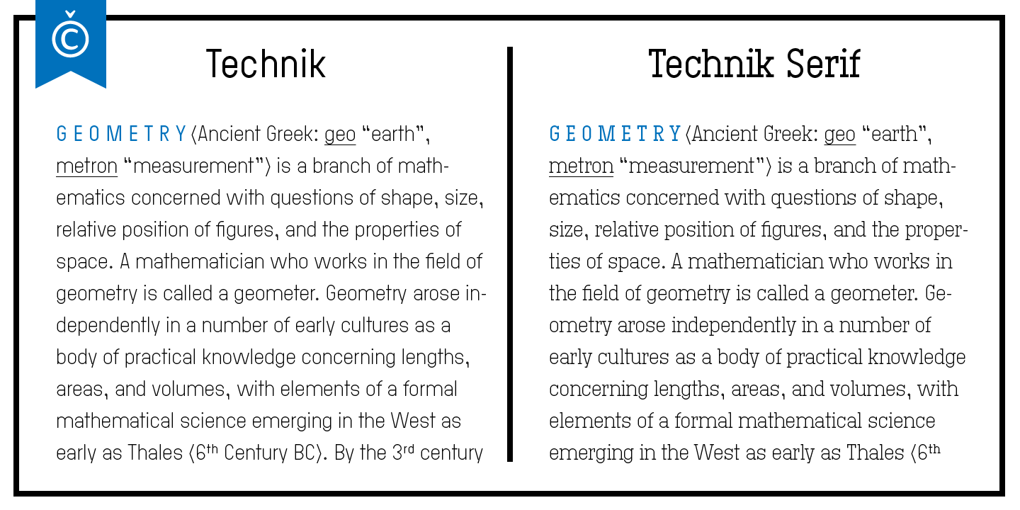 Beispiel einer Technik Serif 50-Schriftart