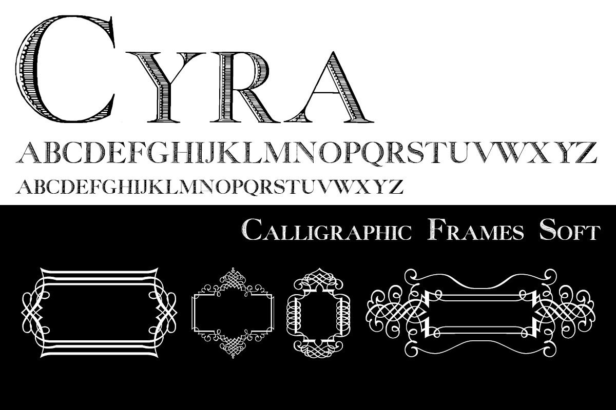 Beispiel einer Calligraphic Frames Plus Cyra Duo-Schriftart